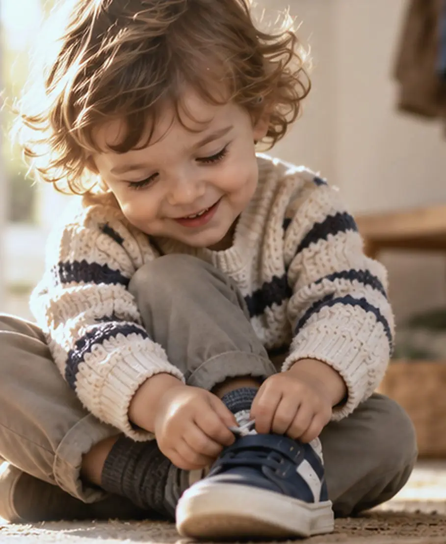 Kind zieht sich die Schuhe an